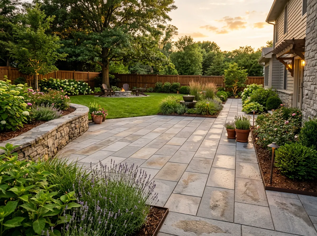 Backyard stone paver patio and walkway with a curved retaining wall